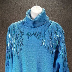 Vintage Turquoise Turtleneck Sweater with Iridescent Sequin Fringe Sleeves